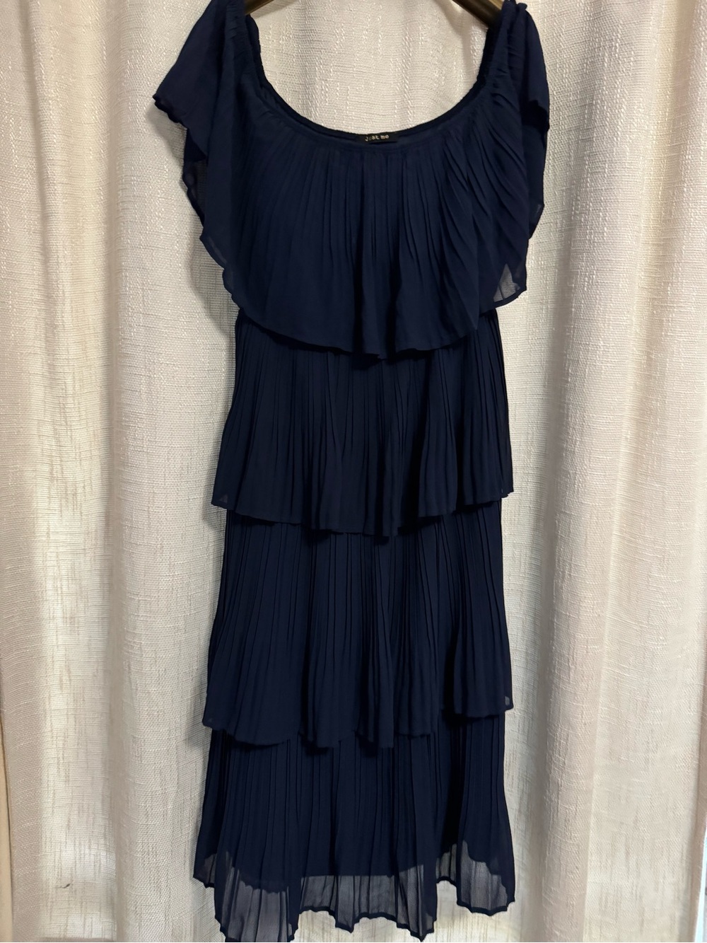 Just Me Off-Shoulder Navy Tiered Pleated Midi Dress - Picture 2 of 4